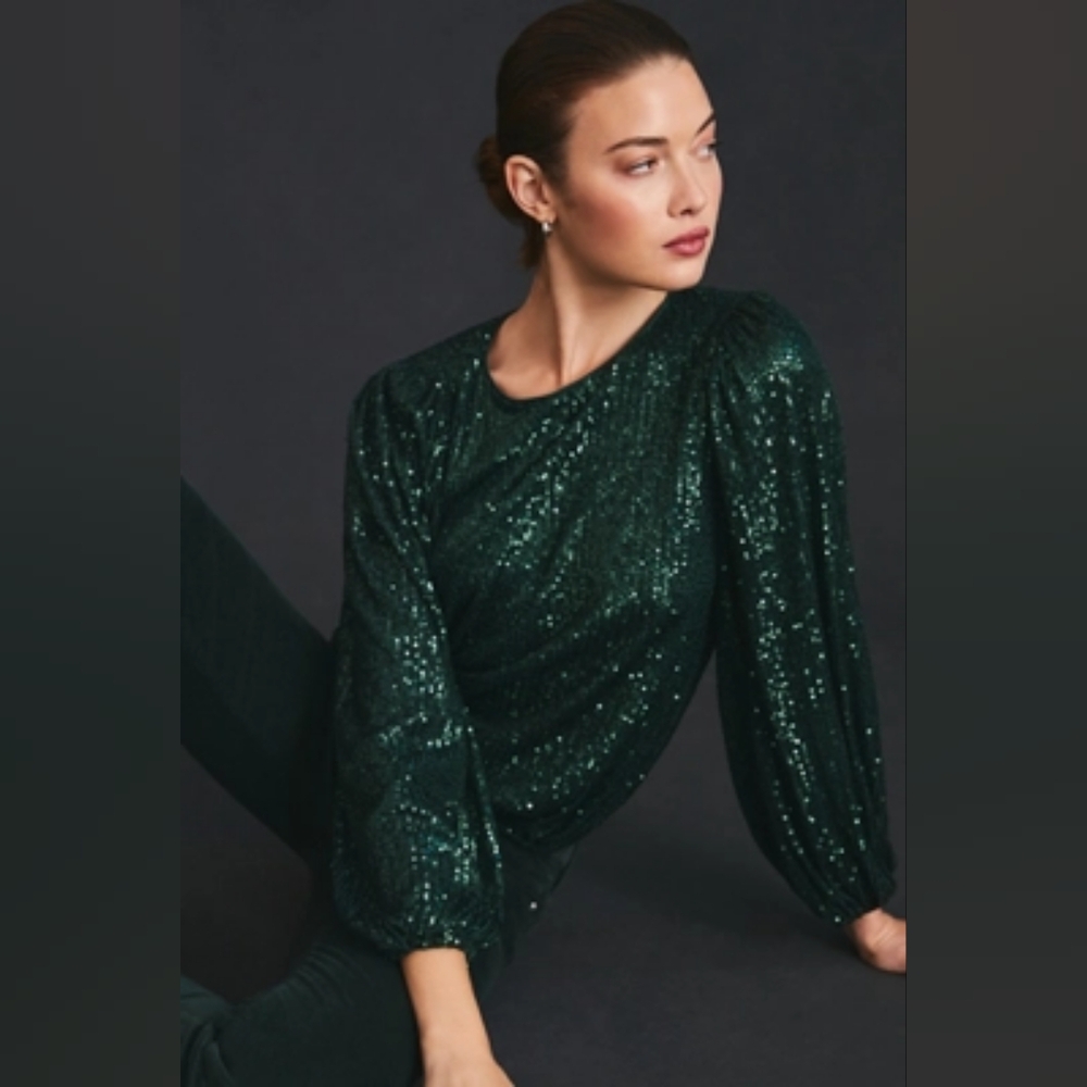 Anthropologie Emerald Green Sequin Long-Sleeve Top